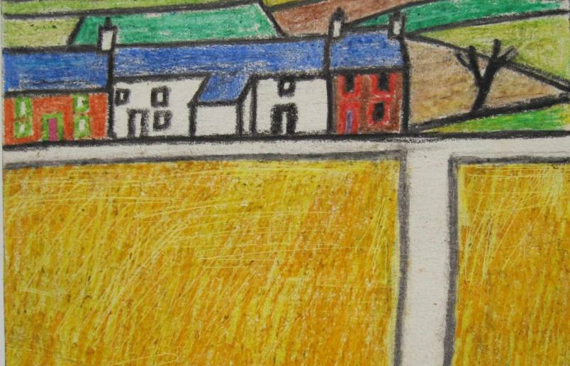 Farm Cottages near Wigton 1974. wax crayons on Corn Flakes packet
