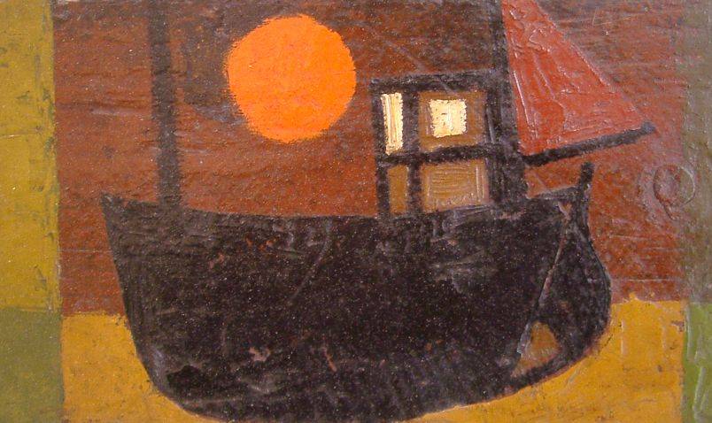 BOAT AND SUN   oil on floorboard