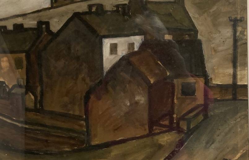 group of village houses 64 x 59cm inc frame