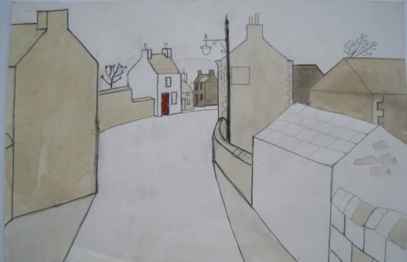 RED DOOR  Cumberland village street  44 x 36 cm  Watercolour/ink. Authenticated verso.